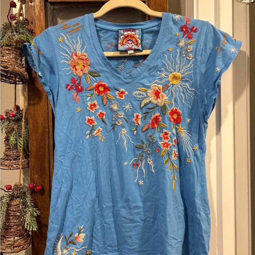 Johnny Was Floral Embroidered Blue Top